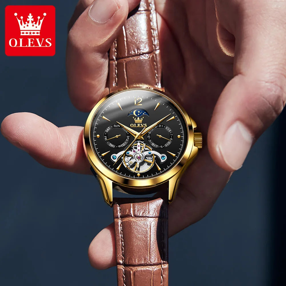 OLEVS 6663 Mens Watch Original Mechanical Watch Tourbillon Waterproof Luminous Leather Strap Moon Phase Day-Date Watch With Box