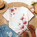 Minimalist style pink flowers paired with branch and leaf prints for daily casual and versatile women's short sleeved T-shirt