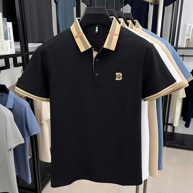 Summer new men's solid color casual fashion short sleeved polo shirt, summer comfortable business casual top