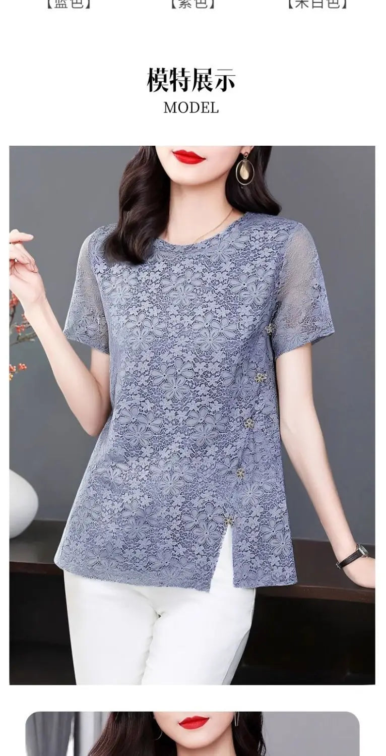 Lace Women's Summer New Fashion Stylish Short Sleeve T-Shirt Plus Size Design Sense Loose Slimming Top