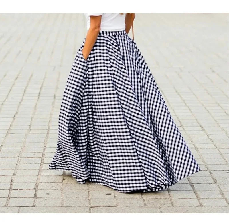 Elegant High-Waisted Long Dress For Women Summer New Arrival Commuting Plaid Big Skirt Wide Leg Design Female Fashion