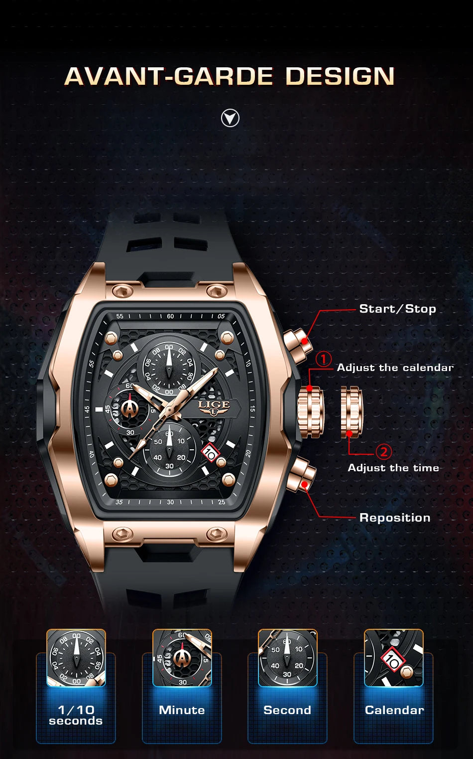 LIGE Quartz Mens Watches Fashion Business Military Wrist Watch For Men Silicone Sport Waterproof Chronograph Square Watch Men