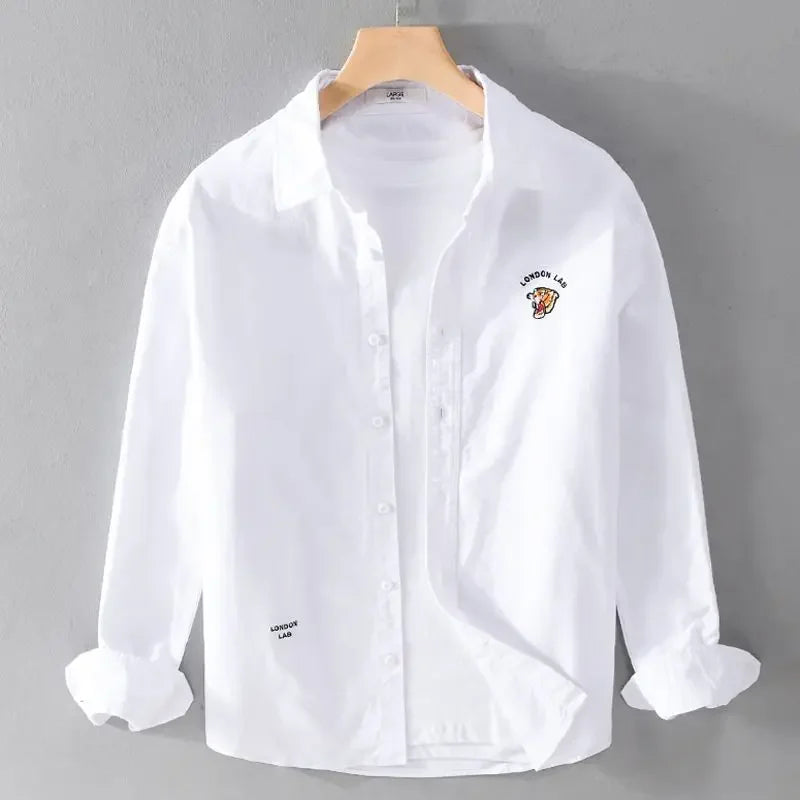 High-end Shirt Men's Autumn Casual Top Little Tiger Embroidery White Inch Shirt Versatile Simple Shirt Trend