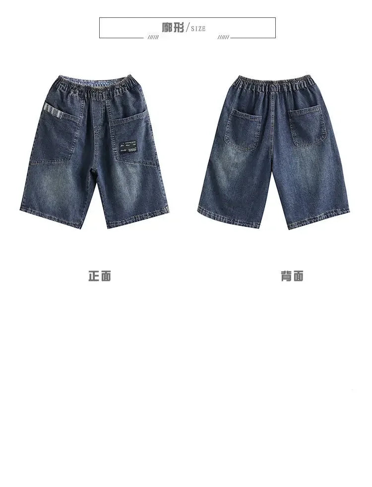 Vintage Jeans Shorts Women Summer Floral Embroidery Elastic High Waist Denim Shorts Design Wide Leg Trousers Blue Black Shorts