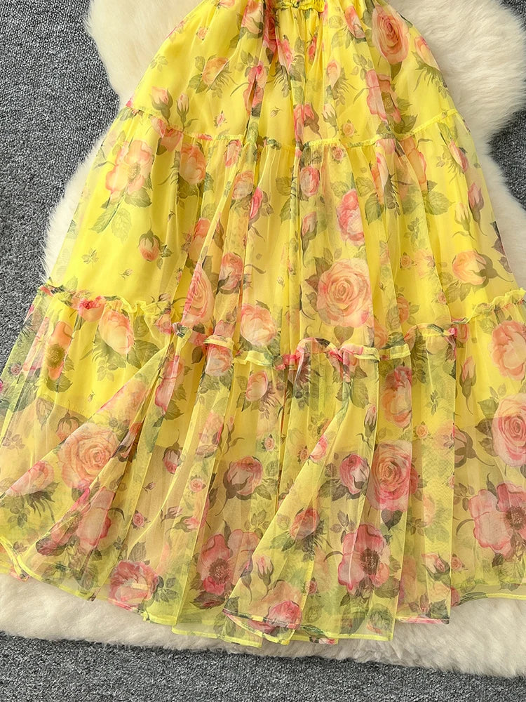 Summer Vintage French Mesh Dress for Women New Waist Cinched Slash Neck Bubble Sleeves Sweet Floral Chiffon Dress Female C146