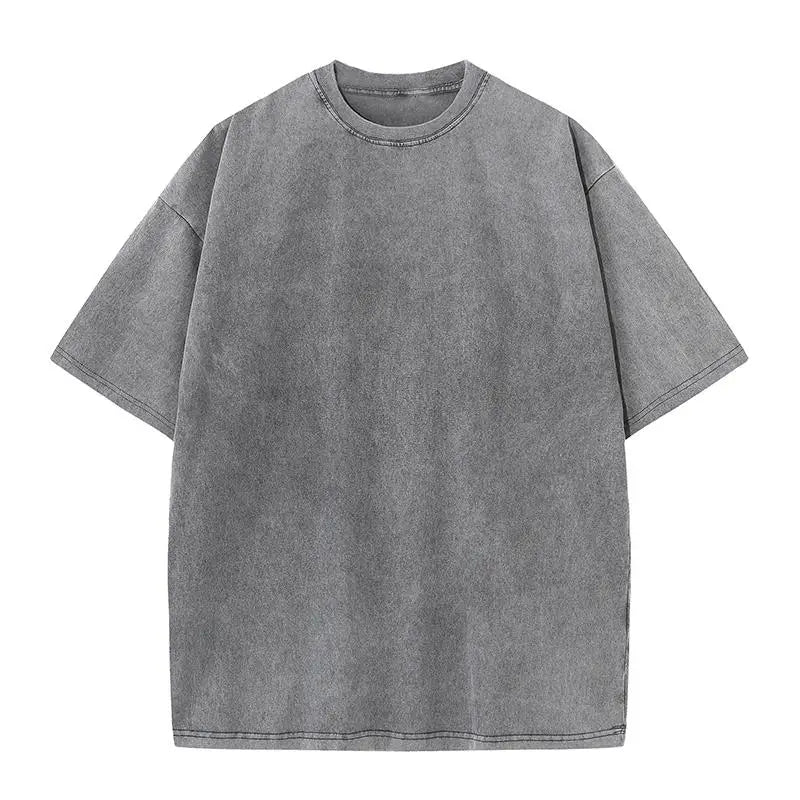 2025 summer European code wash heavy short sleeve T-shirt for young men pure cotton solid color loose retro round neck half slee