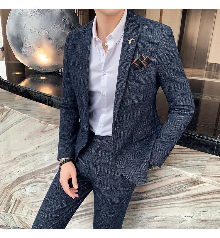 Men Luxury Slim Fit Check Suits Men Boutique Business Casual Formal Suits Sets Blazers+Pants Wedding Social Tuxedo Dress Homme