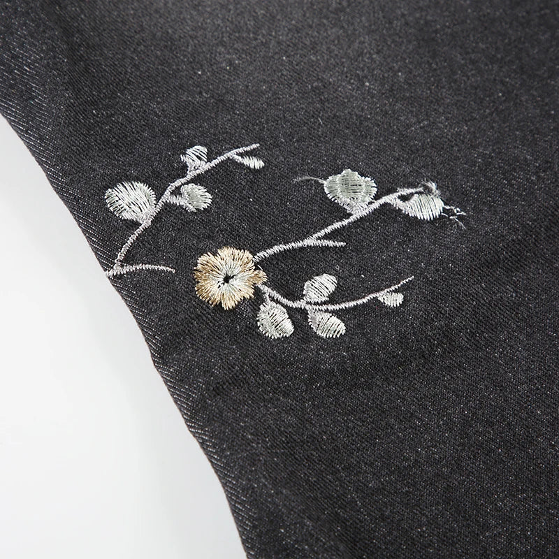Floral Embroidery Jeans Women Y2K Streetwear Baggy Denim Pants Vintage 2000S Low Rise Flared Jeans Female High Street Trousers
