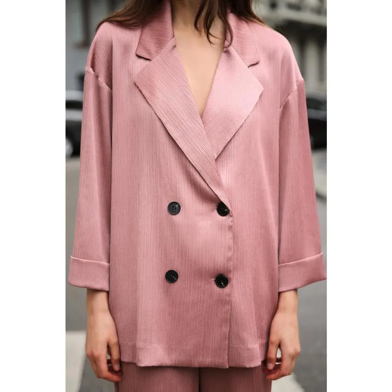 KWTX 2025 Spring Women’s Two Piece Set Solid Pleated V Neck Blazer & Wide Leg Pants Elegant Luxury High Quality Office Set