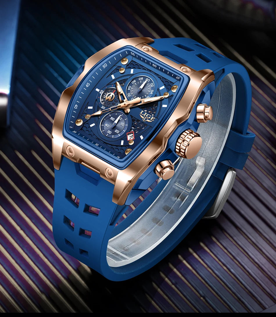 LIGE Quartz Mens Watches Fashion Business Military Wrist Watch For Men Silicone Sport Waterproof Chronograph Square Watch Men