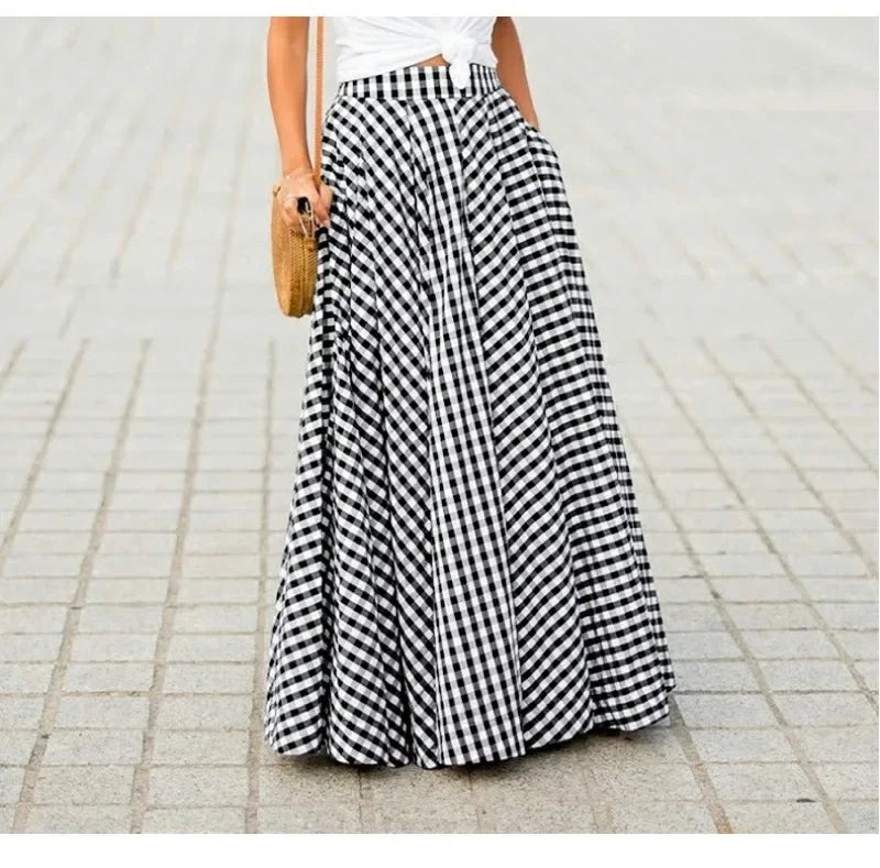 Elegant High-Waisted Long Dress For Women Summer New Arrival Commuting Plaid Big Skirt Wide Leg Design Female Fashion