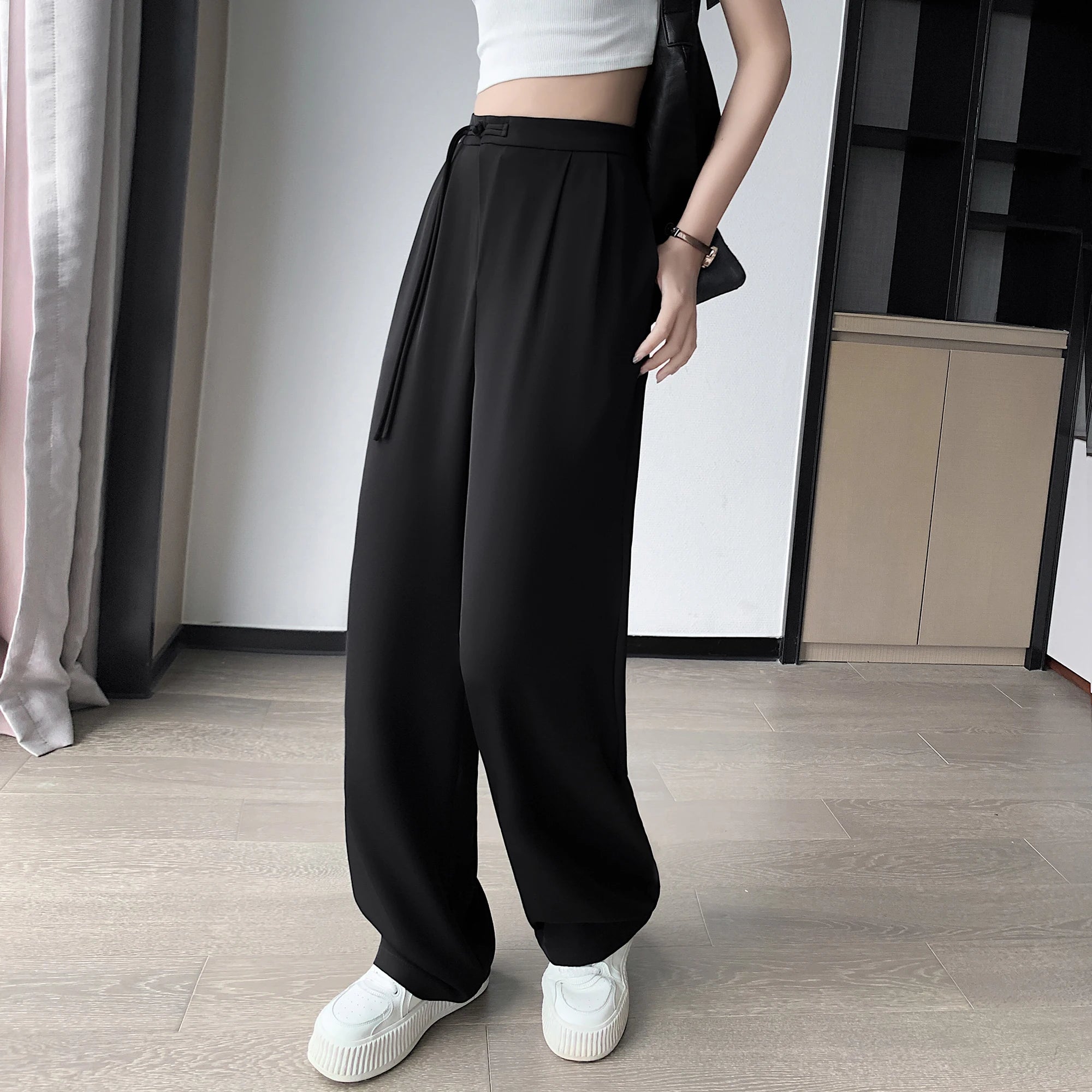 2025 New Spring Summer Tapered Wide Leg Suit Pants White High Waist Drop Hem Loose Straight Casual Slim Fit Trousers Female