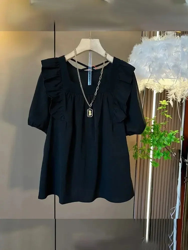 Summer Casual V-neck Back Cross Strap Fly Sleeve Elastic Shoulder Loose Fit Small Shirt Versatile Simple Top for Plump Sister