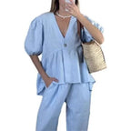 Summer Casual Cotton 2 Piece Set Women Outfit Deep V Neck Short Puff Sleeve Pullover Top Long Trousers Loose Lady Two Piece Suit