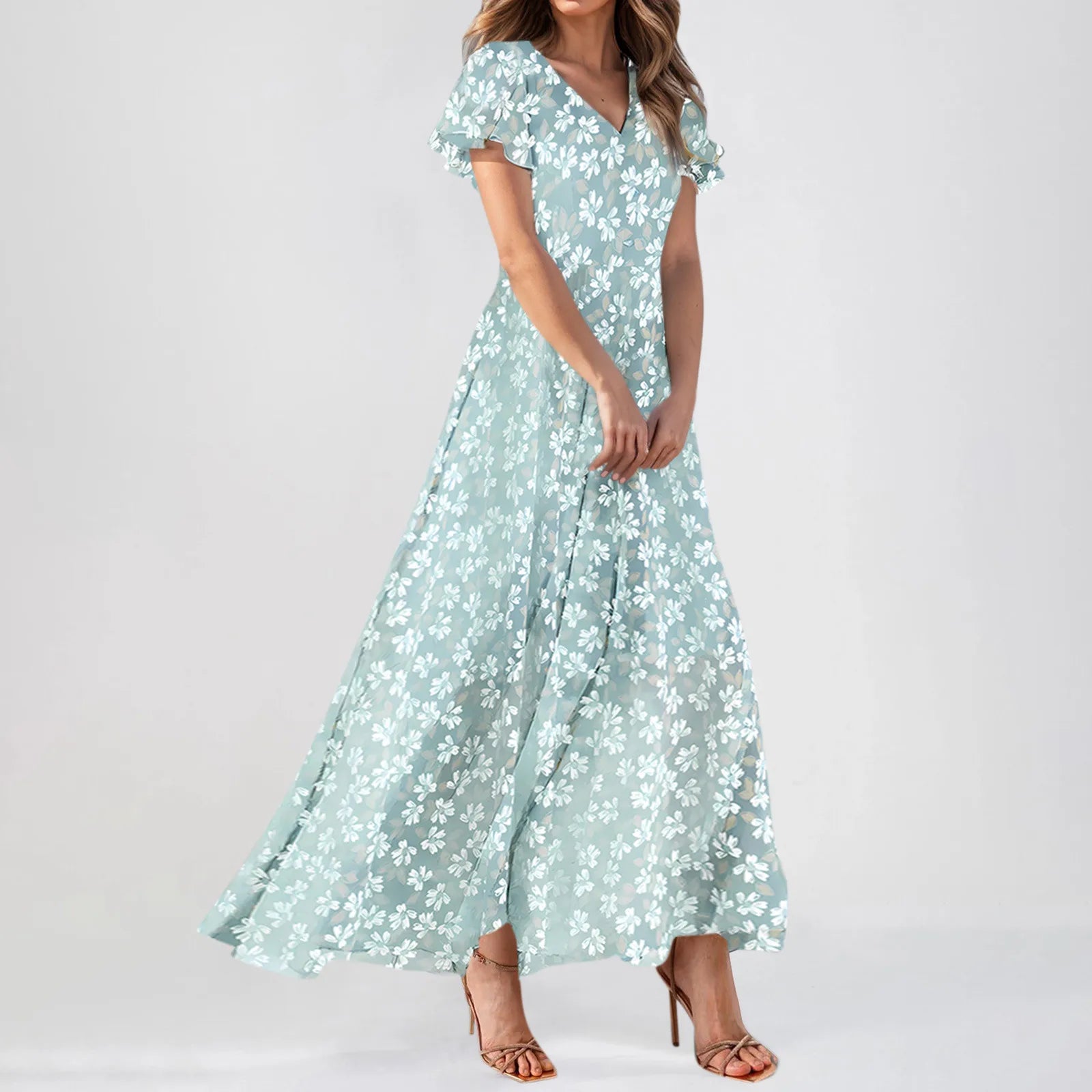 Women V-neck Ruffle Short Sleeve Maxi Dress Waist Tight High-waist Hem Sweet Floral Print Elegant Dress Female Clothing Vestidos