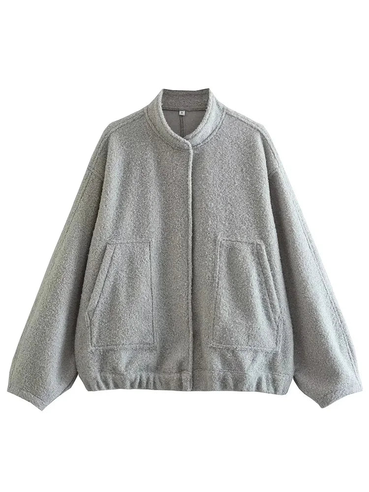 MiuKoMiYa Army Green Short Wool Blend Bomber Jackets For Women Winter Outdoor Women's Woolen Blend Coat Women Loose Wool Jacket