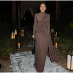 Fashion Brown Pleated Long Sleeve Dress Women Elegant O-neck Bodycon Prom Robes 2025 New Summer Lady Street Party Dresses