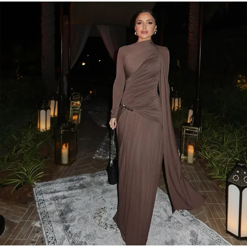 Fashion Brown Pleated Long Sleeve Dress Women Elegant O-neck Bodycon Prom Robes 2025 New Summer Lady Street Party Dresses