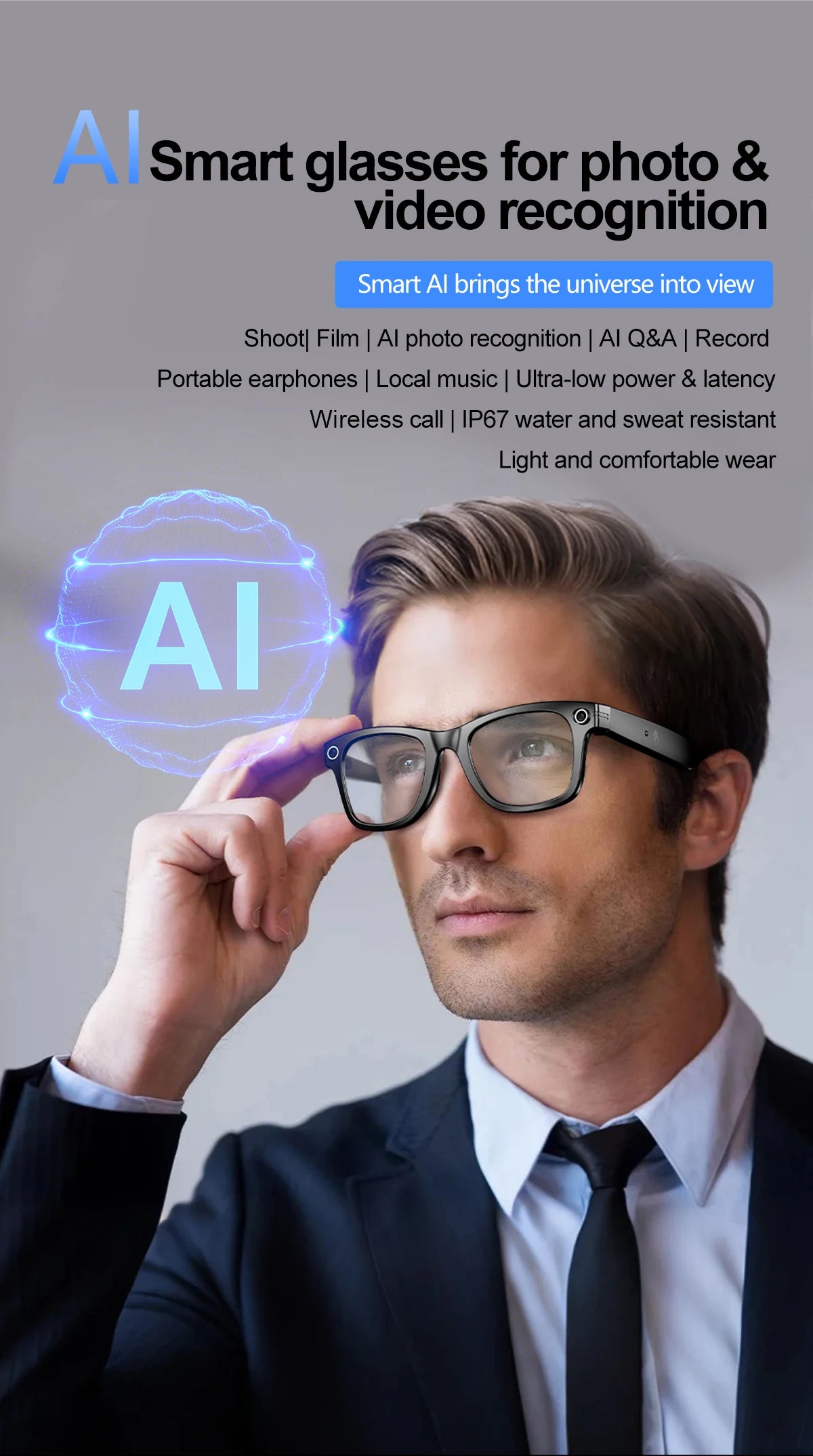 LIGE AI Smart Glasses 720P Camera Video Recorder Bluetooth Call 260mAh Battery Voice Assistant Control Sunglasses For Men Women