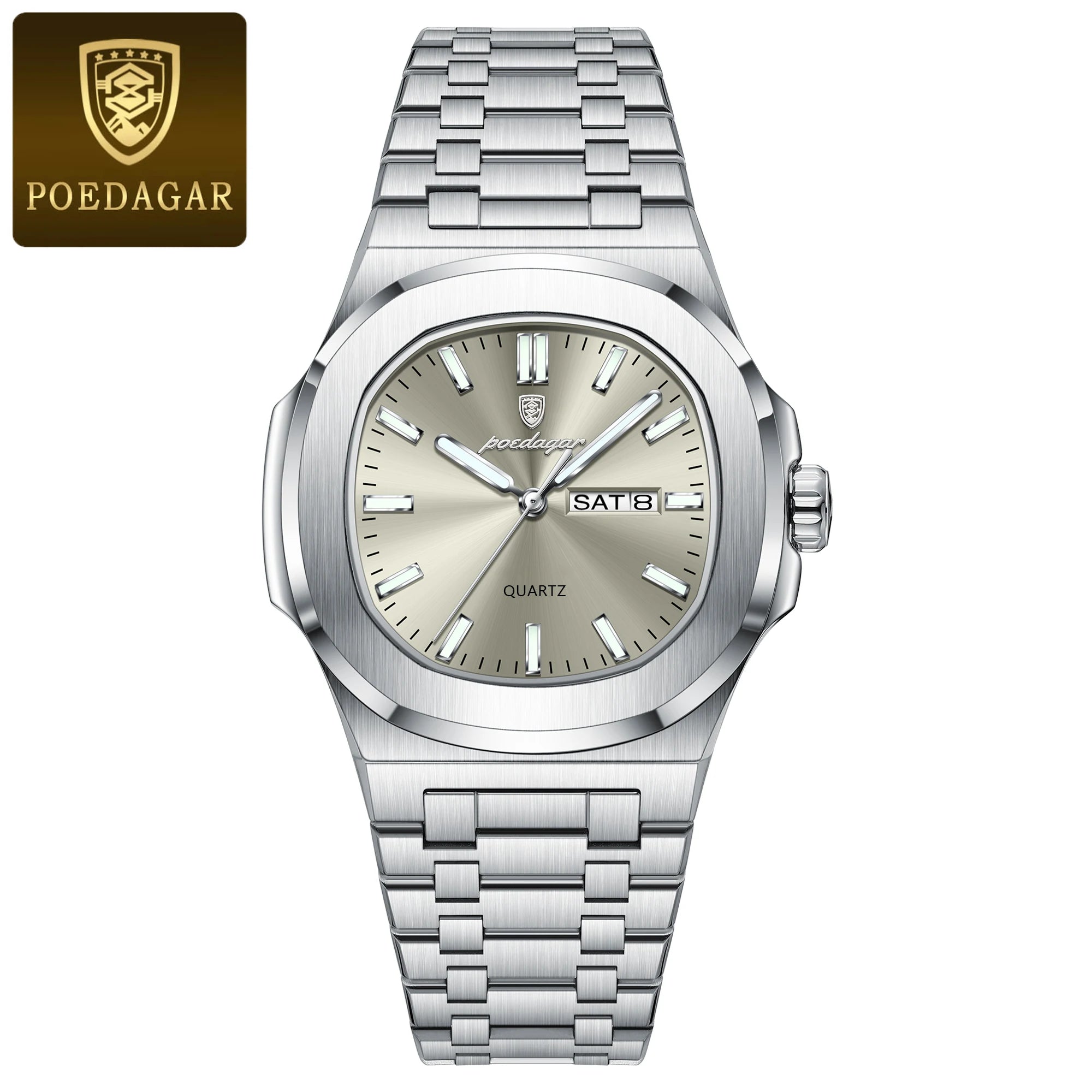 POEDAGAR Trendy Casual Wristwatch For Men Week Date Stainless Steel Man Watch Luminous Waterproof Luxury Quartz Men Watches+Box