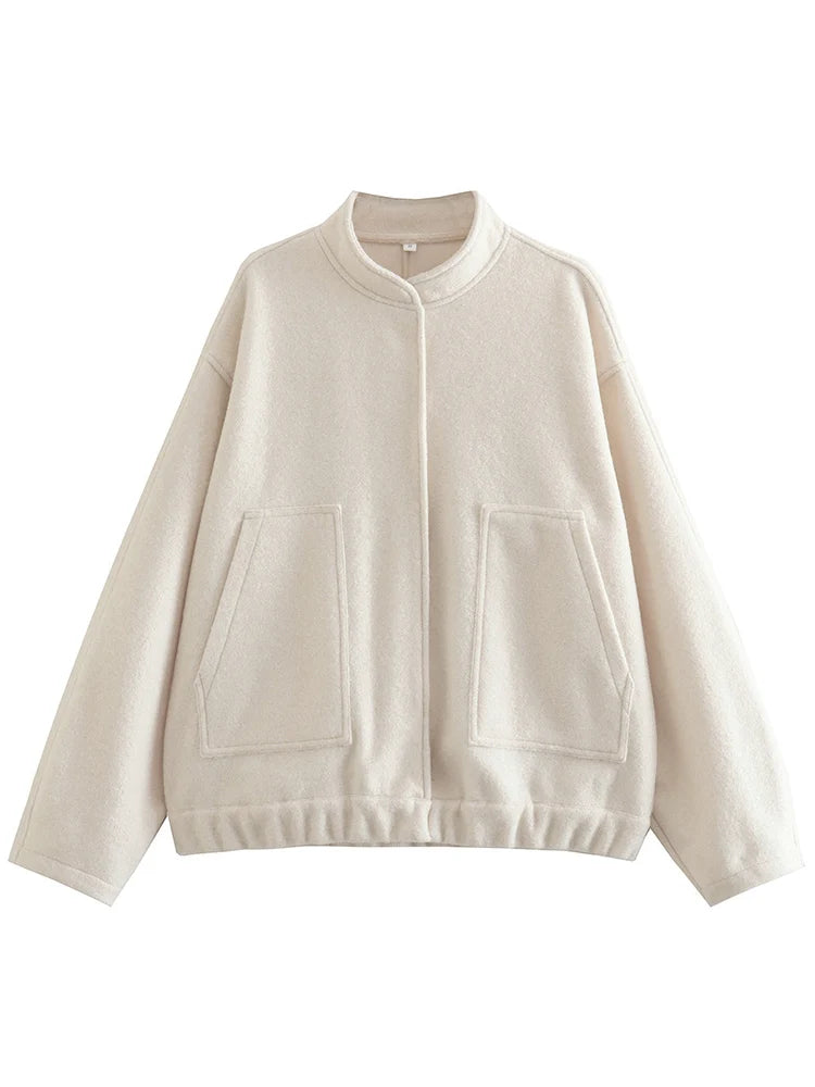 MiuKoMiYa Army Green Short Wool Blend Bomber Jackets For Women Winter Outdoor Women's Woolen Blend Coat Women Loose Wool Jacket