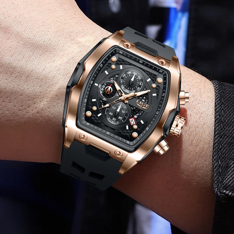 LIGE Quartz Mens Watches Fashion Business Military Wrist Watch For Men Silicone Sport Waterproof Chronograph Square Watch Men