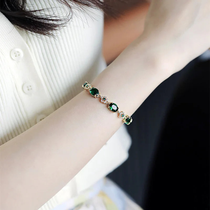Elegant Green Rhinestone Crystal Bracelet Gold Color Link Chain Bracelets For Women Vintage Party Wedding Bridal Jewelry Gifts