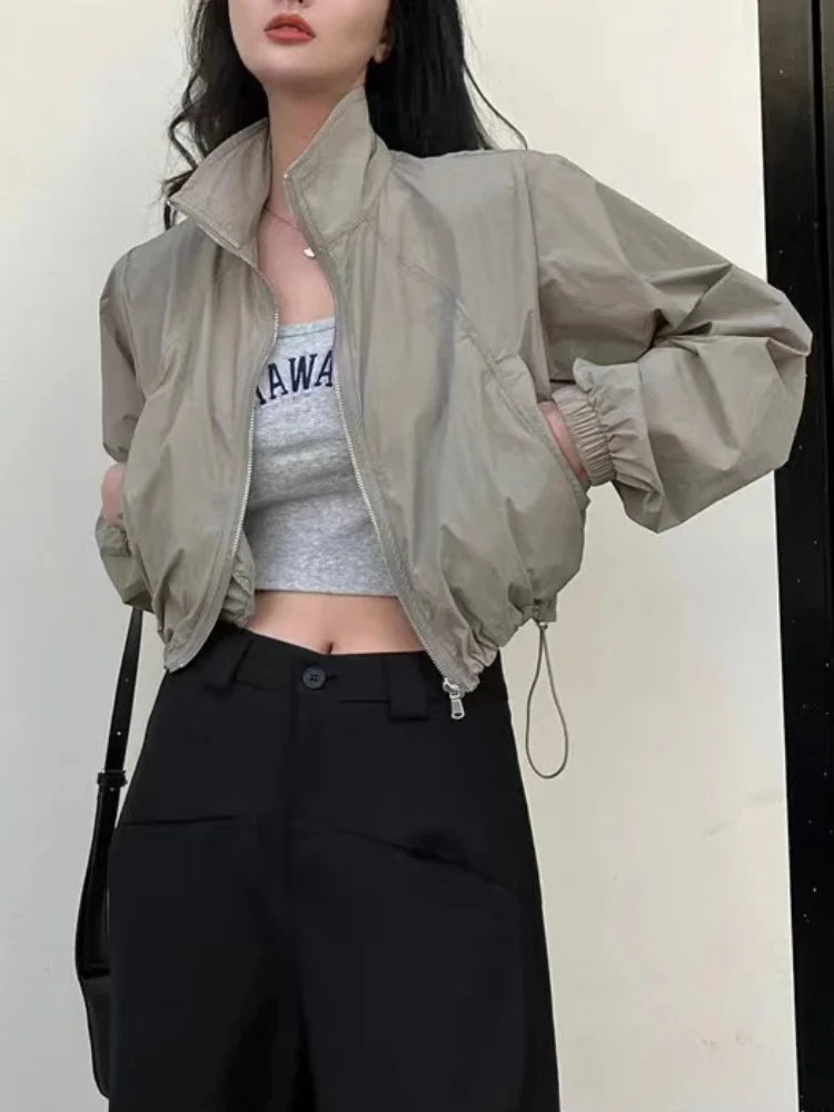 Autumn Vintage Women's Windbreaker Cropped Jackets Harajuku Oversized Streetwear Long Sleeve Casual Fashion Female Elegant Top
