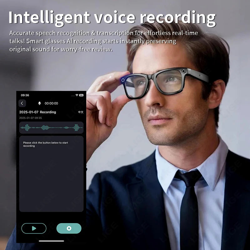 LIGE AI Smart Glasses 720P Camera Video Recorder Bluetooth Call 260mAh Battery Voice Assistant Control Sunglasses For Men Women
