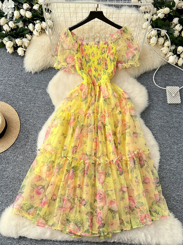 Summer Vintage French Mesh Dress for Women New Waist Cinched Slash Neck Bubble Sleeves Sweet Floral Chiffon Dress Female C146