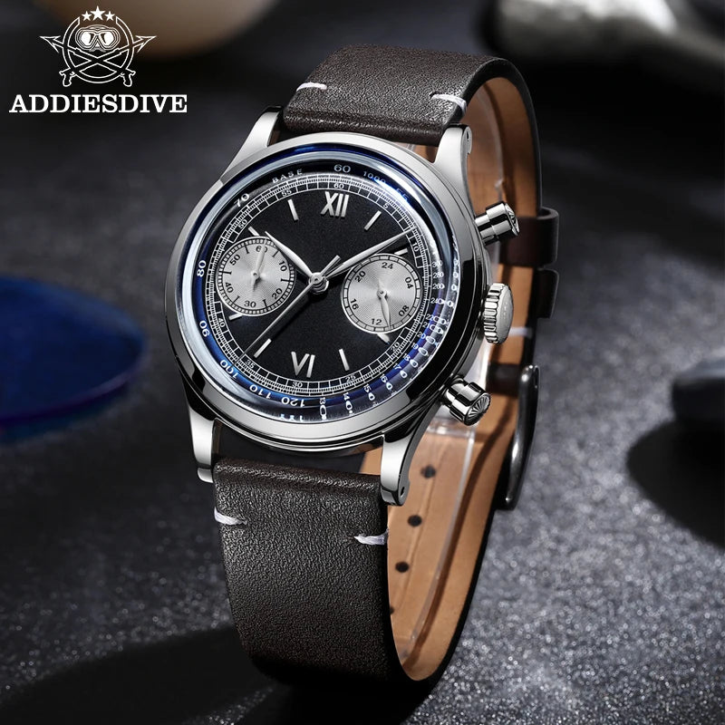 ADDIESDIVE Retro Quartz Watch for Men VK64 Multifunctional 24 Hour Chronograph Watches Bubble Mirror Glass 100m Dive Wristwatch