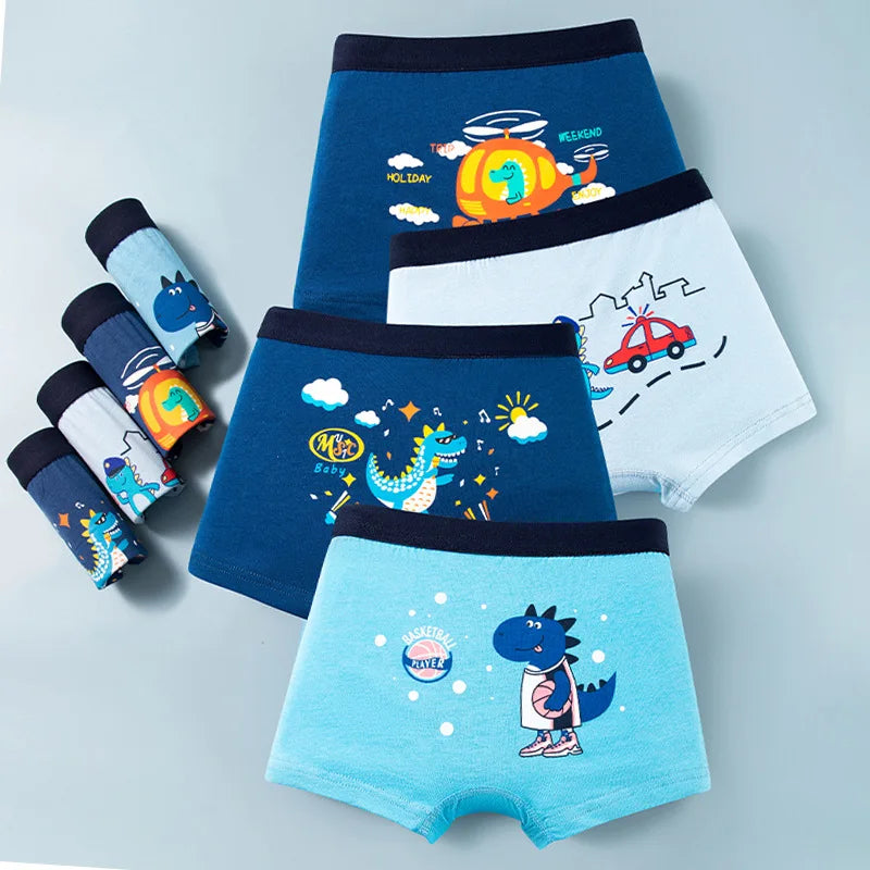 4Pcs Boys Boxers Breathable Children Boxer Briefs Cotton Cozy Comfy Kids Underwear Dinosaur Patterns Toddler Knickers 2-13Years