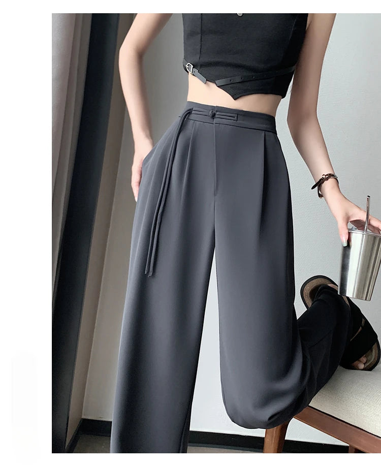 2025 New Spring Summer Tapered Wide Leg Suit Pants White High Waist Drop Hem Loose Straight Casual Slim Fit Trousers Female