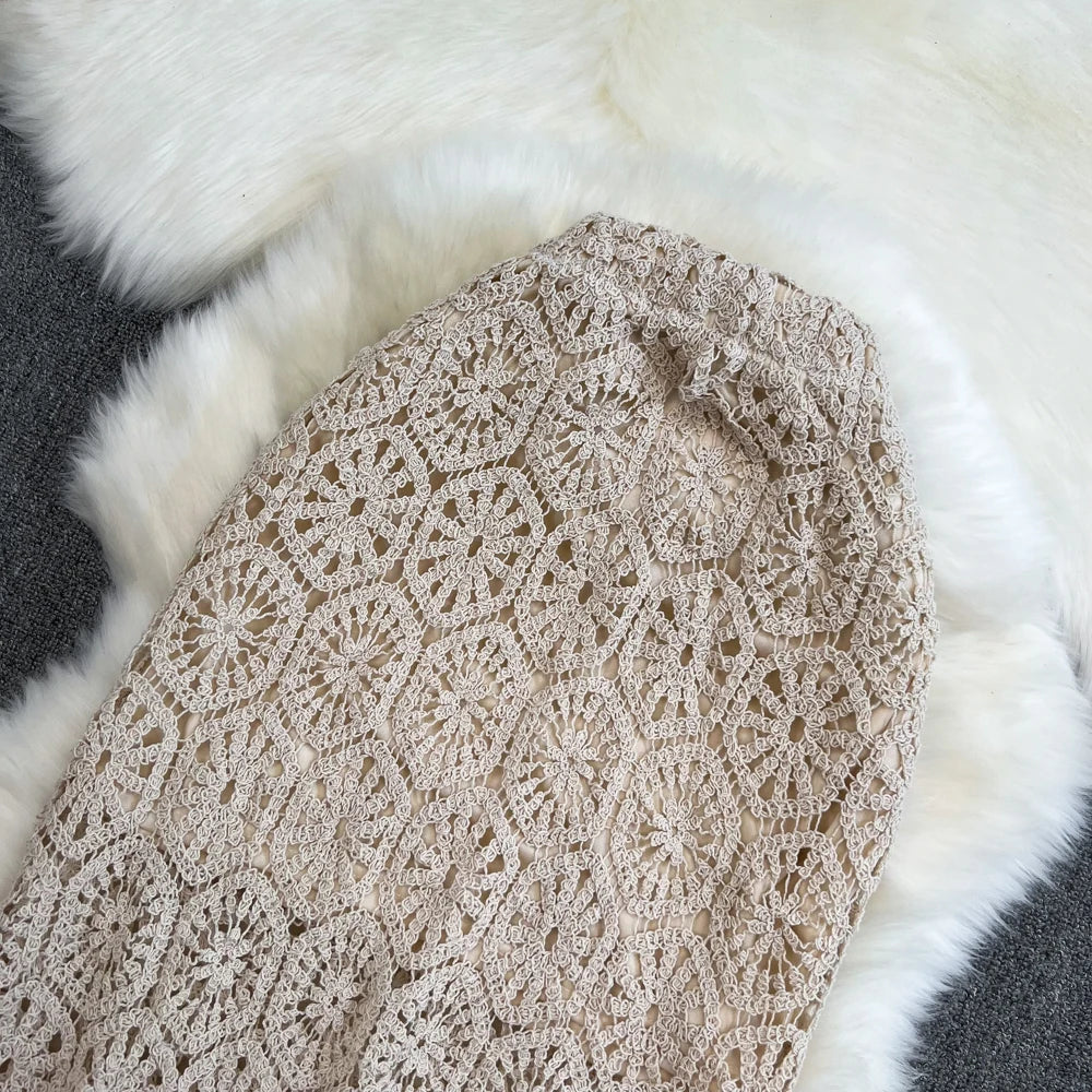 Boho Holiday Long Skirts Women Crochet Hollow Out Female Trumpet Skirt Ladies Elegant Lace Patchwork Summer Skirt Dropshipping