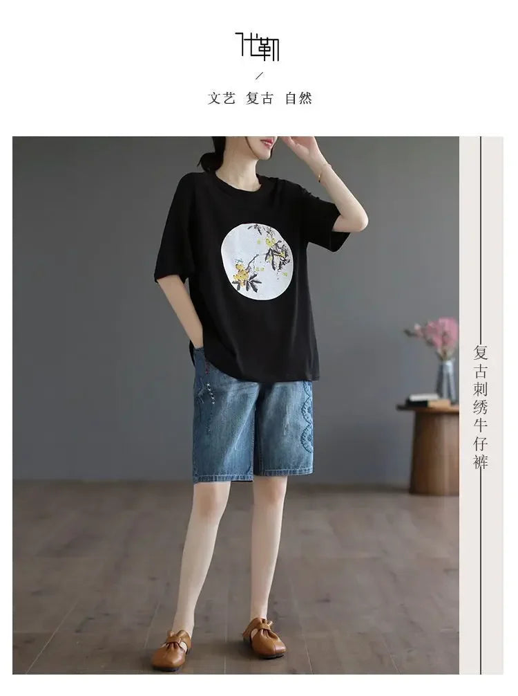 Vintage Jeans Shorts Women Summer Floral Embroidery Elastic High Waist Denim Shorts Design Wide Leg Trousers Blue Black Shorts