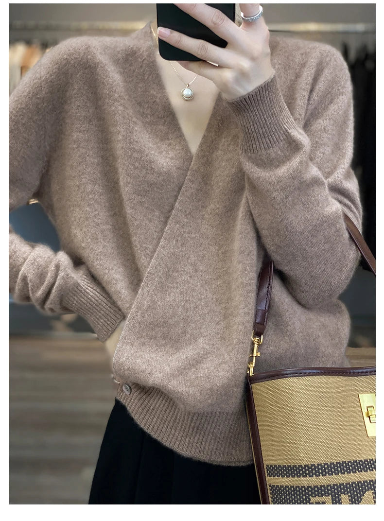 Japanese Kimono Cardigan Pure Wool Sweater Female Cross V-Neck Knitted Cardigan 2023 Spring and Autumn Loose Leggings Retro Top