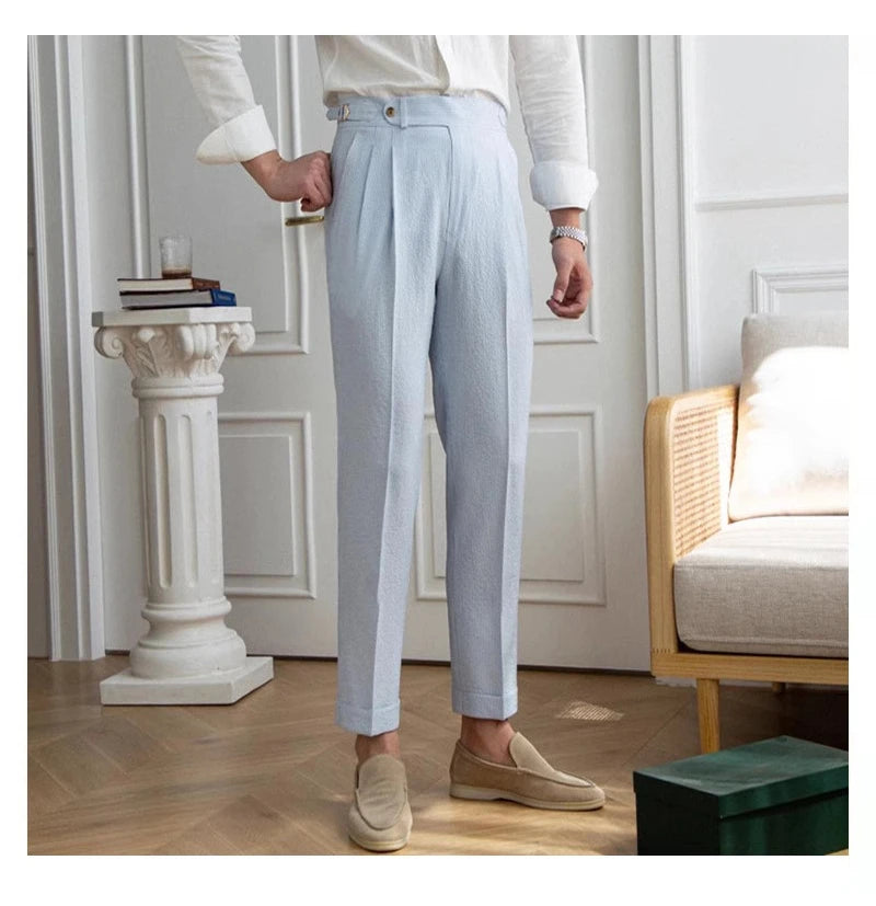 High-end Striped Men's Suit Pants Spring Summer Thin Italian Straight Casual Trousers Blue Paris Buckle Business Trousers