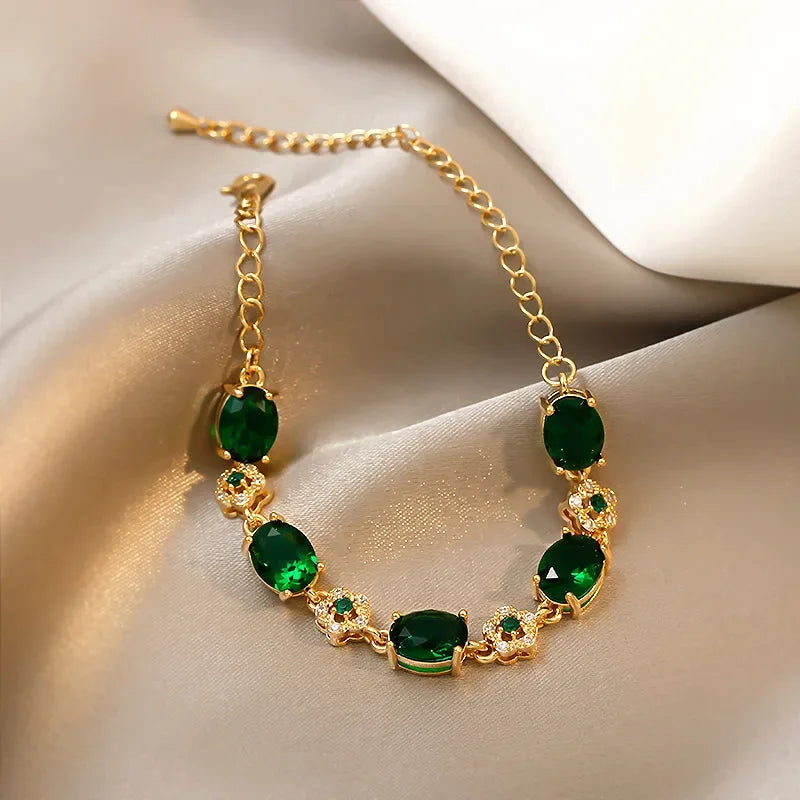 Elegant Green Rhinestone Crystal Bracelet Gold Color Link Chain Bracelets For Women Vintage Party Wedding Bridal Jewelry Gifts