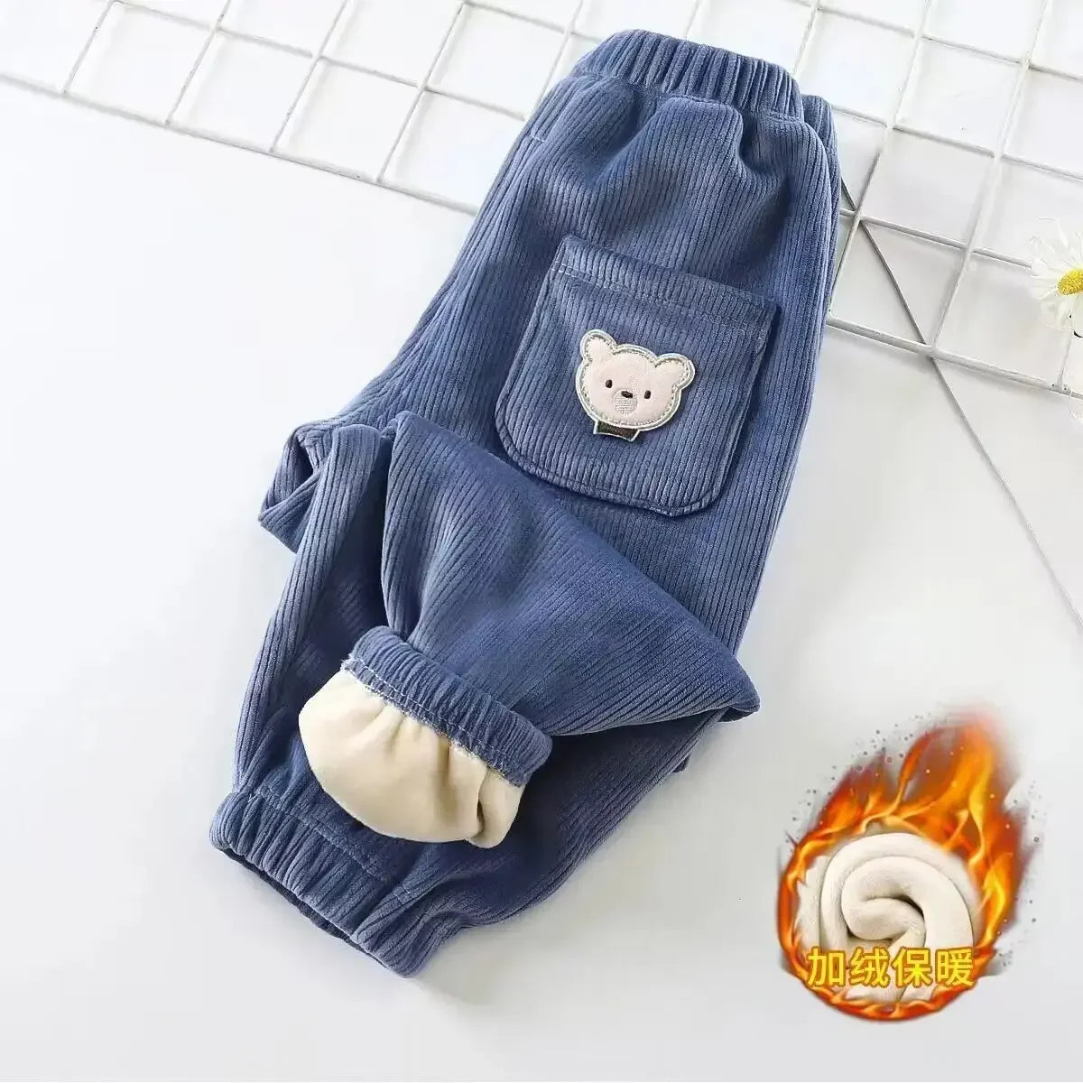 Autumn/winter Children's Fleece-lined Corduroy Pants Stylish Embroidery Casual Warm Trousers For Boys Girls