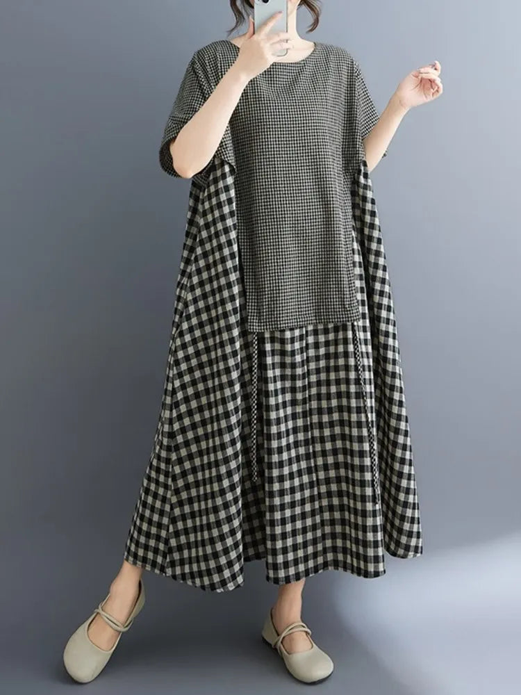 Short sleeve oversized vintage plaid patchwork new in dresses for women casual loose long summer dress elegant clothing 2025