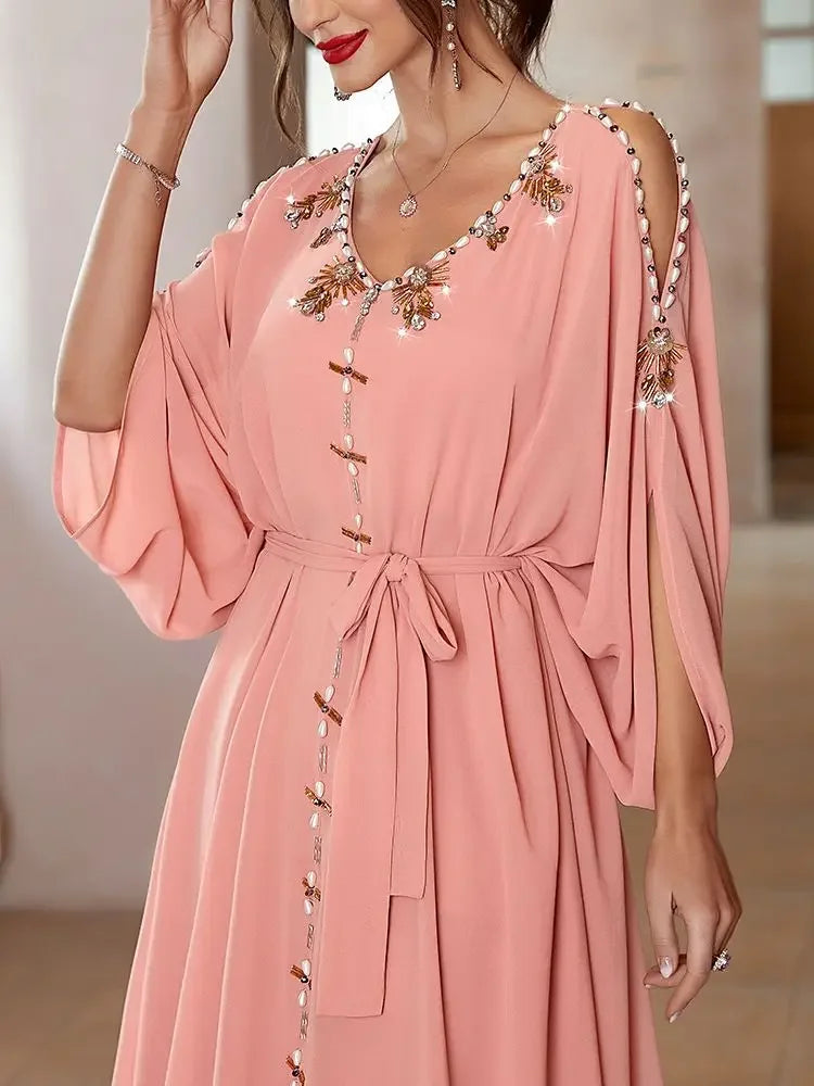 Ramadan Eid Party Dress Morocco Kaftan Off Shoulder Pink Diamond Beads Dubai Abaya Long Dress Abayas for Women Robe Musulmane