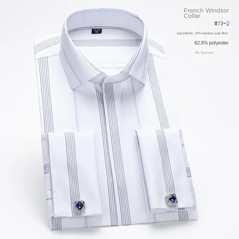 2024 Niche Chic Double Folded Sleeve Windsor Collar  Business Long-sleeved Shirt Men's High-grade  Dress random French Cufflinks