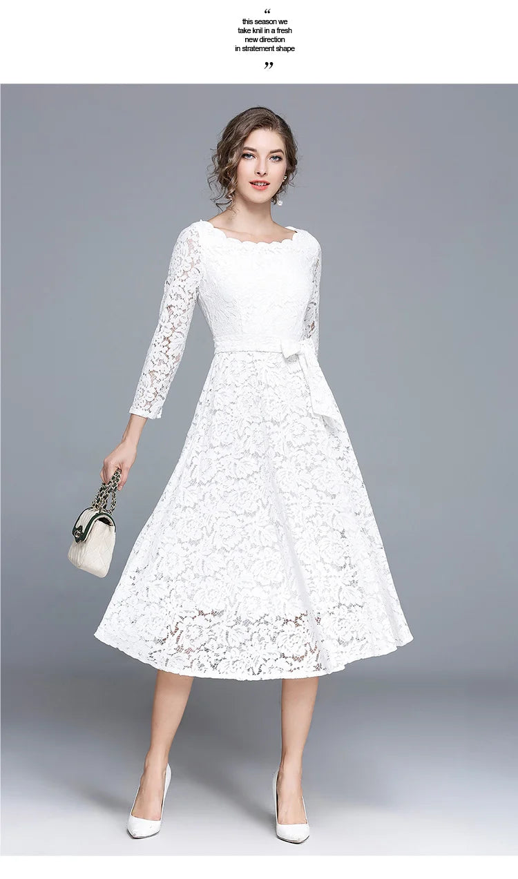 Lace White Prom Dress Women 2023 Summer Autumn Long Sleeve Sexy Slash Neck A Line Midi Party Vestidos Flower Embroidery