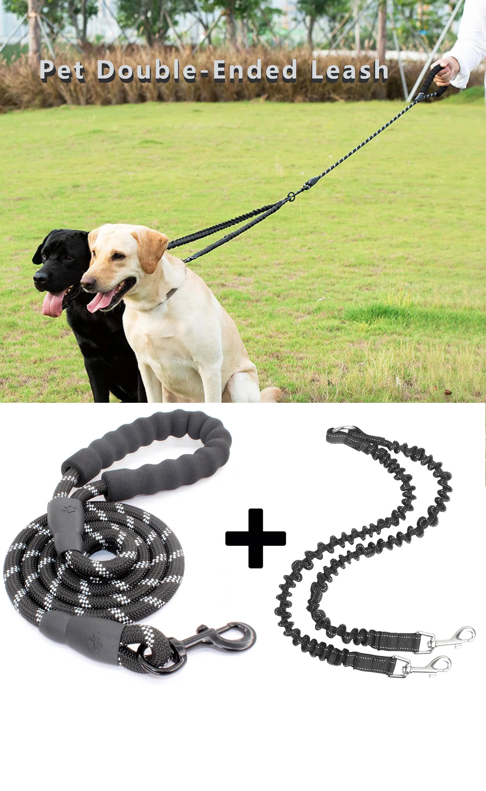 Double Dog Leash 360 Swivel No Tangle Walking Leash Shock Absorbing Bungee for Two Dogs Retractable Elastic Luminous Dog Leash