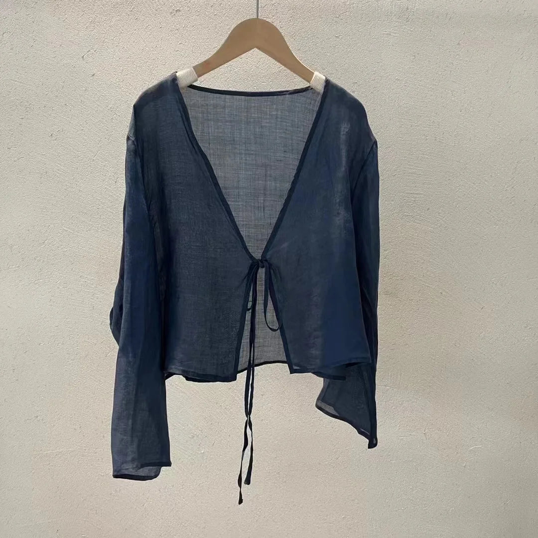 Johnature Original Vintage Chinese Style Linen Frenulum Shirt 2024 Summer Woman New V-Neck Long Sleeves Design Casual Shirt
