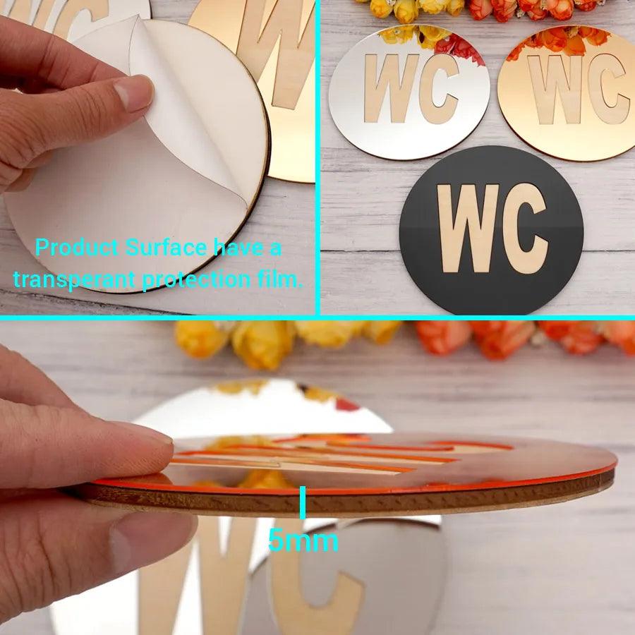Mirror WC Door Sign Stickers Round Shape Laser Cut Acrylic 3D DIY New House Toilet Signs Home Decoration Accessories Wall Decor