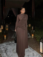 Fashion Brown Pleated Long Sleeve Dress Women Elegant O-neck Bodycon Prom Robes 2025 New Summer Lady Street Party Dresses