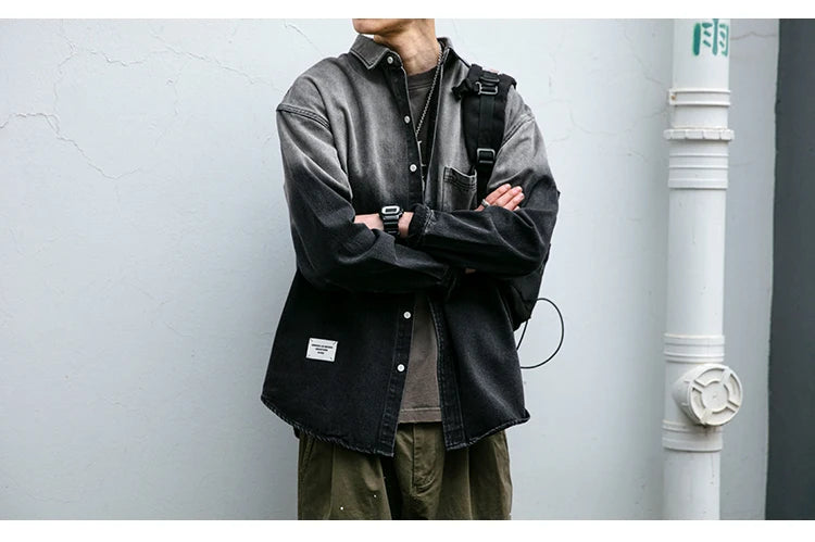 Korean fashion washed gradient denim shirt for men clothing High quality streetwear harajuku casual coat tremdy Long sleeve male
