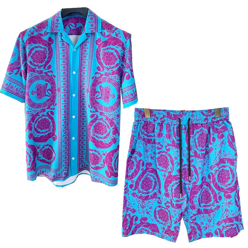 Royal luxury digital printed men's set fashion two-piece shorts set high-quality summer short sleeved shirt Allen Sen Trendy Clo