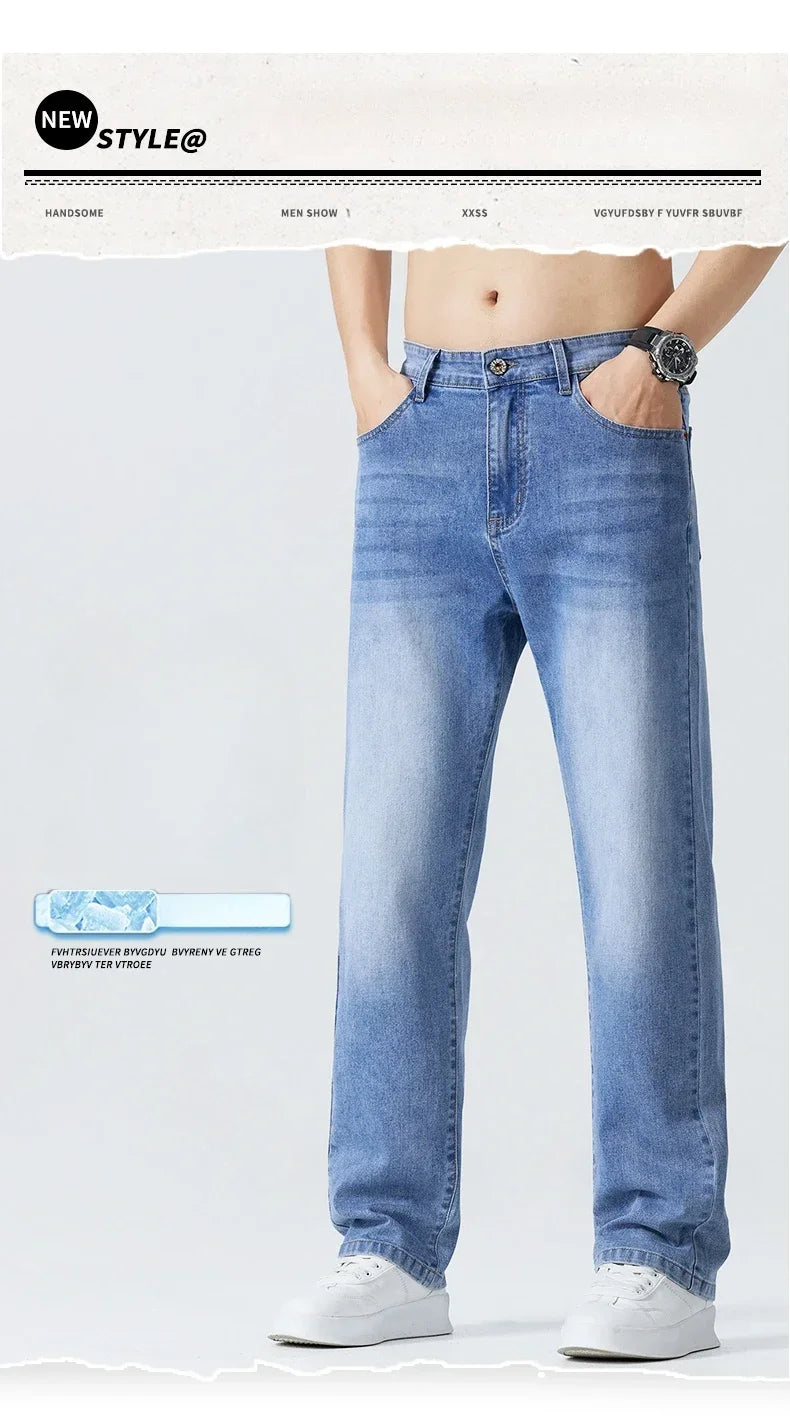 Summer Thin Straight Jeans Men's Clothing Soft Breathable Trousers Male Brand Comfortable Business Loose Denim Pants Retro Y2K